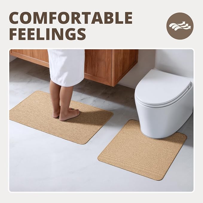 Bathroom Rugs Sets 2 Piece, Thin Bath Mat & U-Shaped Contour Toilet Rug Absorbent Quick Dry, Machine Washable, Non Slip Low Pile Bath Mats for Bathroom/Tub/Sink/Shower (30"x20" Plus 24"x20" U, Khaki)
