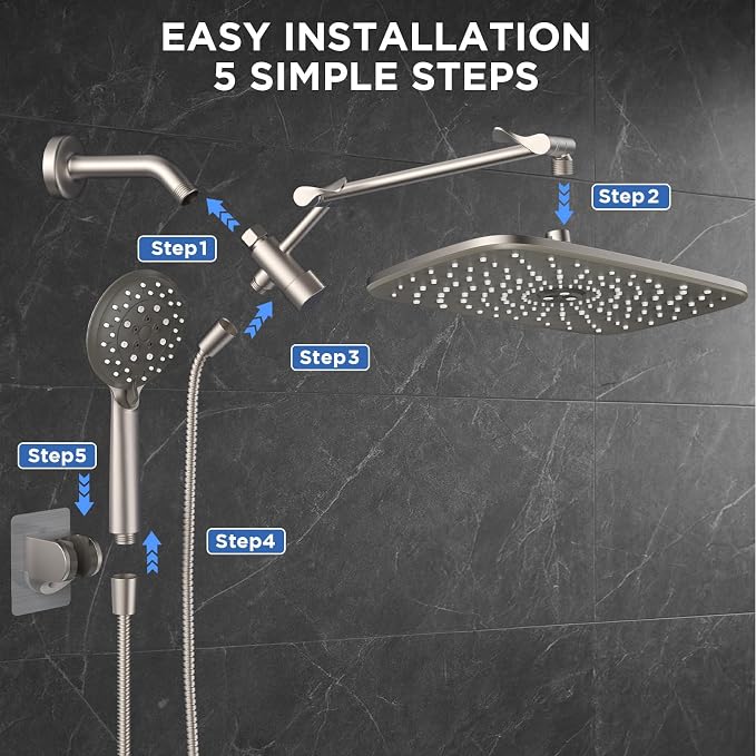 Veken 11.8" Rain Shower Head with Handheld, High Pressure Handheld Shower with Multi Spray Modes, Rainfall Combo with Metal Extension Arm, Detachable Dual Showerhead, Bathroom Decor, Starlight