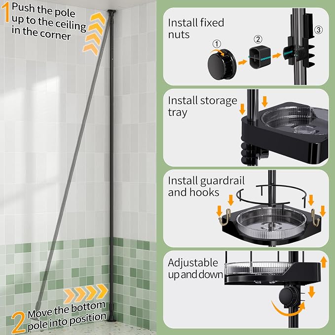 shuang qing 360° Rotating Corner Shower Caddy Tension Pole Organizer - 4-Tier Adjustable Rustproof Metal Pole, Plastic Shelves with Safety Guardrail, Bathroom Storage for Shower & Bathtub(Black)