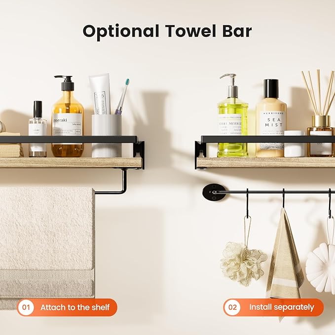 AMADA HOMEFURNISHING Bathroom Shelves with Towel Bar, Floating Shelves, Wall Shelves for Bathroom/Living Room/Kitchen/Bedroom, Light Brown, Set of 2 - AMFS01