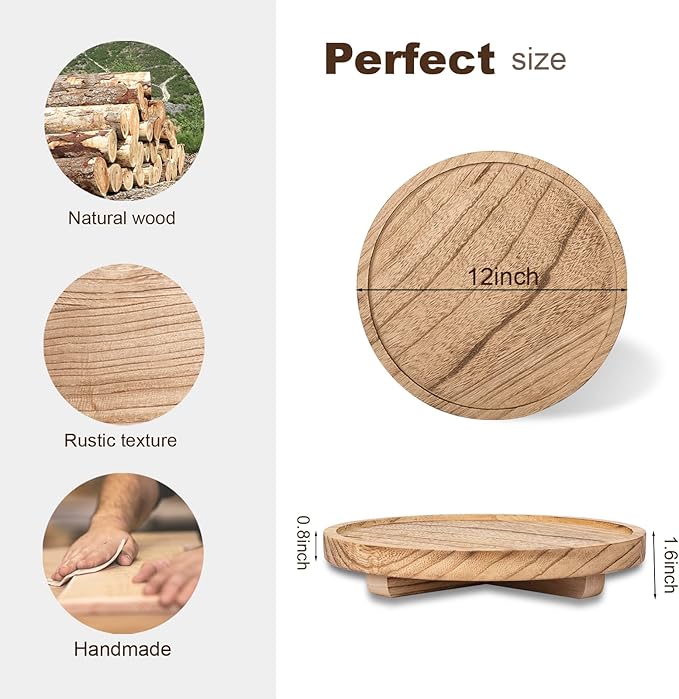Round Decorative Tray Wood Bathroom Counter Organizer Farmhouse Kitchen Decor Wooden Riser for Soap Dish, Perfume, Candle, Sponge, 12" - Brown
