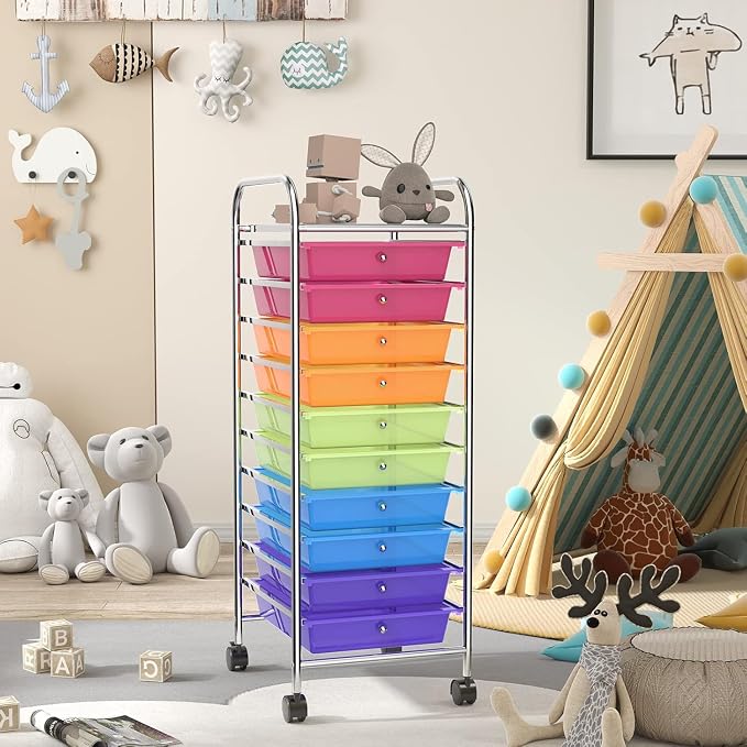 10-Drawer Rolling Storage Cart, Trolley w/Lockable 360° Wheels, 10 Removable PP Drawers, Sturdy Metal Frame, Rolling Utility Cart Perfect for Home, Office, Classroom (Rainbow)