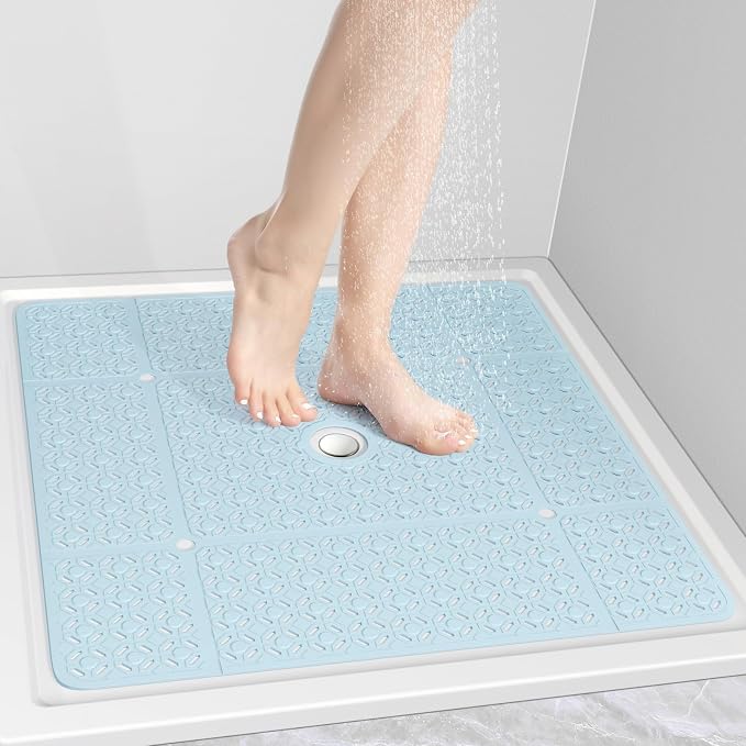 OTHWAY Square Shower Mat, 27"x 27" Extra Large Shower Mats for Inside Shower, TPE Anti Slip Shower mat with Suction Cups Drain Holes, Machine Washable Shower Floor Mat (Light Blue)