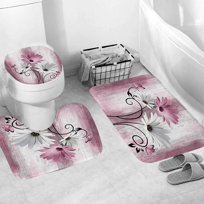 Onalasyc 4PCS Pink Daisy Flowers Butterfly Shower Curtain Set with Shower Curtain and Carpet and Accessories, Waterproof Bathroom Shower Curtain Decorative Set with 12 pcs Hooks,71 x 71in