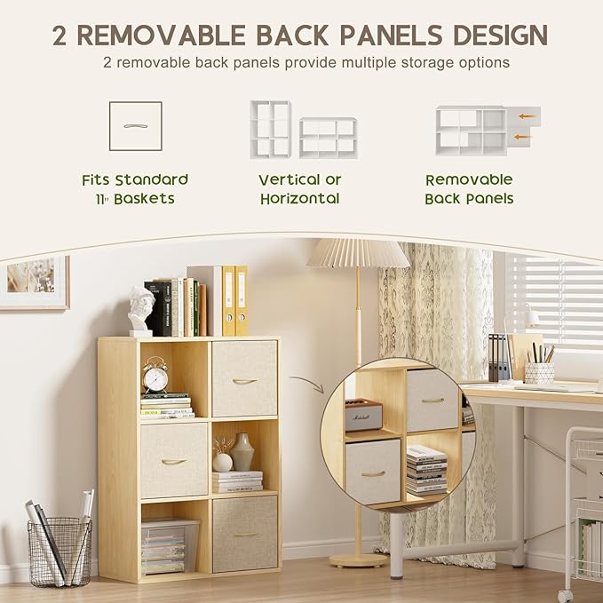 EXPERLAM 6 Cube Storage Organizer - Solid Wood Bookshelf with 3 Storage Bins, Cube Shelf with 2 Removable Back Panels, Vertical or Horizontal Bookcase, Open Book Shelf for Bedroom, Living Room, Office