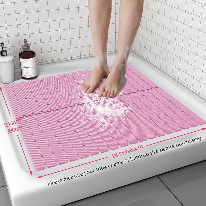 Shower Mat Non-Slip Bath Mat for Tub and Shower Stall,236 Suction Cups with Drain Holes, Quick Dry Machine Washable, Extra Grip for Stand Up Showers, Bathroom Essentials 24x24 Inch (Pink)