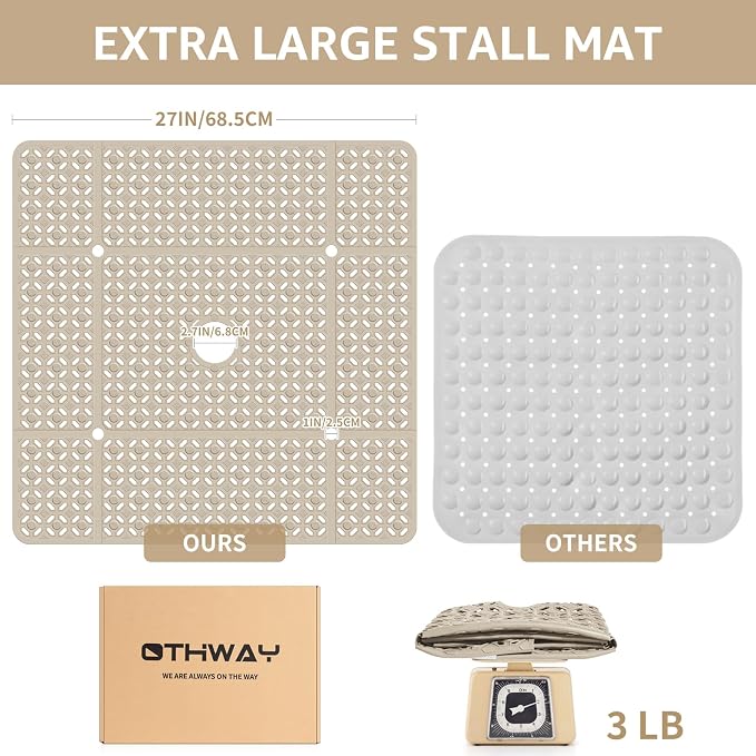 OTHWAY Square Shower Mat, 27"x 27" Extra Large Shower Mats for Inside Shower, TPE Anti Slip Shower Mat with Suction Cups Drain Holes, Machine Washable Shower Floor Mat (Brown)