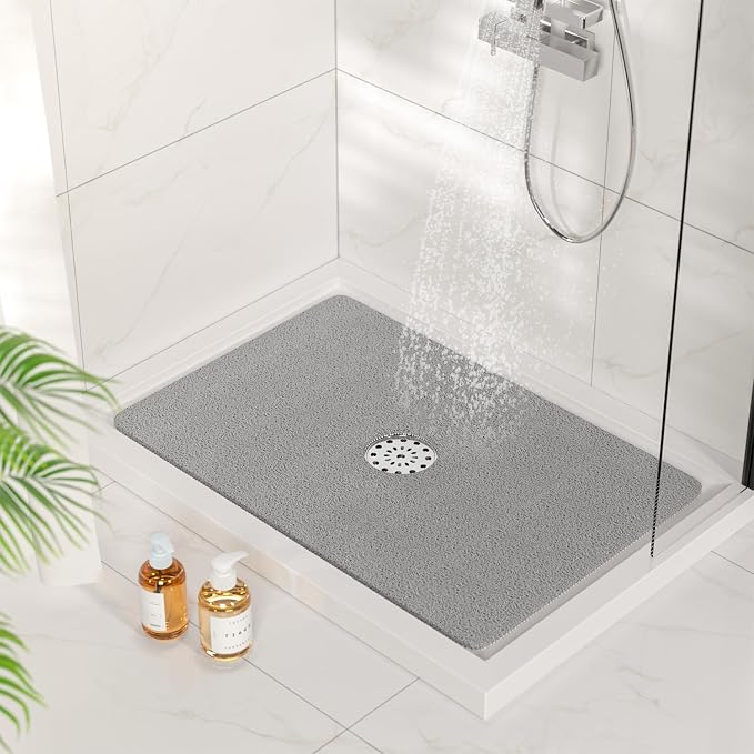 HITSLAM Shower Mat with Center Drain Hole, 24 x 16 Inch Non Slip Bath Mat for Textured Tub, Soft Loofah-Style Bathtub Mat Without Suction Cup, Quick Drying Stall Floor Mat, Bathroom Accessories, Grey