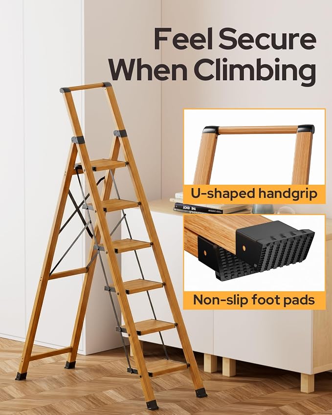 6 Step Ladder for 12ft High Ceiling, Lightweight Aluminum Folding Step Stool with Convenient Handgrip, Stepladders with Anti-Slip and Wide Pedal for Home and Kitchen Use - Woodgrain (300 lbs)