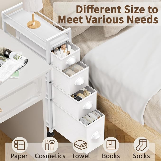 LASZOLA 4 Drawer Narrow Slim Cabinet Skinny Storage Tower Chest, Ideal for Small Spaces, Between Washer and Dryer, Lightweight Mobile on Wheels, Sturdy Fabric Drawers, White