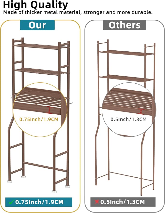 Livilord 3-Tier Over The Toilet Storage, Freestanding Metal Bathroom Shelves with 4 Hooks, Over Toilet Storage Shelf with Paper Holder, Above The Toilet Shelf for Bathroom Storage, Bronze