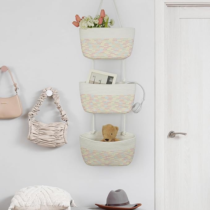 TeoKJ Over the Door Hanging Basket, 3-Tier Woven Cotton Wall-Mounted Storage Organizer Bag Decorative Hanging Nursery Baskets, White & Rainbow Stitching