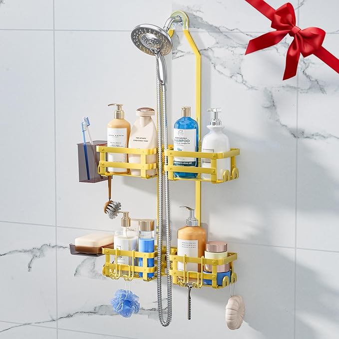 GAOKASE Aluminum Shower Caddy Hanging, Never Rust Shower Organizer- 4 Levels with adjustable Height 10 Hooks for Razor/Sponge - Rack with Soap Basket (Gold)