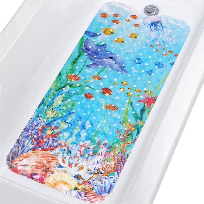 Topotdor Baby Bathtub Mat Non Slip for Kids, 40 X 16 Inch Cute Cartoon Bath Tub Shower Mat Anti Slip with Suction Cups & Drain Holes, Coral Fish