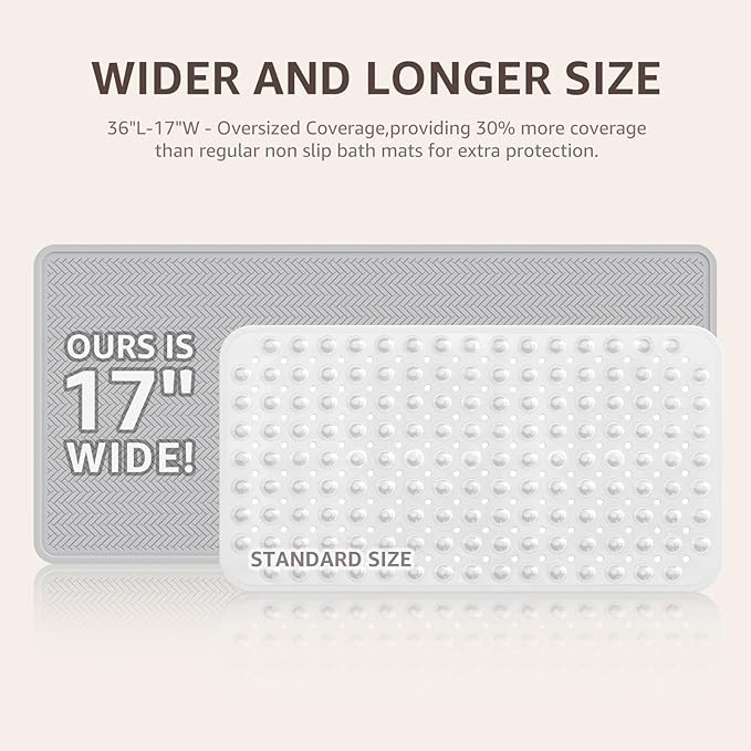 OTHWAY Bathtub Mat Non Slip, Extra Long Rubber Bath Mat for Tub, Machine Washable Shower Anti Slip Mat with 332 Strong Suction Cups (A Little Grey, 36" x 17")