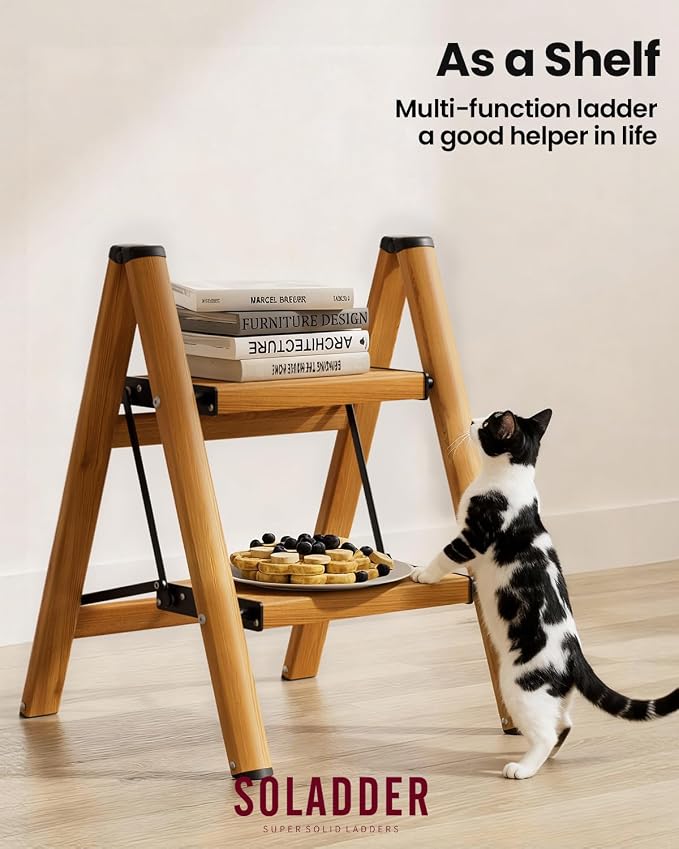 SOLADDER 2 Step Ladder, Folding Step Stool with Anti-Slip Wide Sturdy Pedal, Multi-Use for Home and Kitchen Use, Space Saving-Woodgrain(300lbs Capacity)