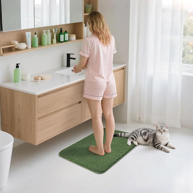 COSY HOMEER Extra Thick Bath Rugs for Bathroom - Anti-Slip Bath Mats Soft Plush Yarn Shaggy 100% Strong Mirco Polyeste Mat Living Room Bedroom Mat Floor Water Absorbent(Green,16x24 - Inches)