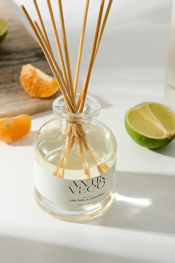 Lime Basil & Mandarin Reed Diffuser – Citrus & Herbal Diffuser for Home 6.7 fl oz – 8 Rattan Sticks – Premium Aromatherapy Oil – Elegant Glass Bottle – 90 Days Long Lasting Diffuser Set