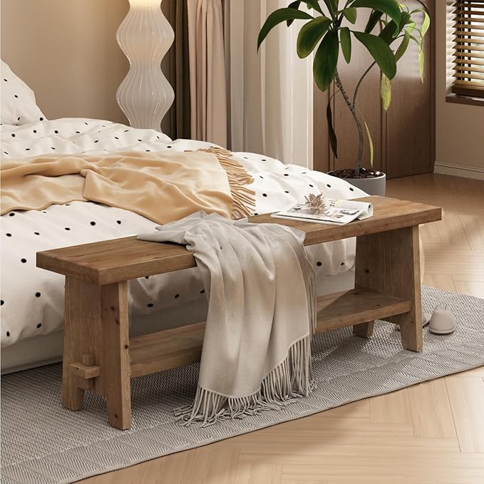 HOKYHOKY Solid Wood Entryway Bench - 54.3" Farmhouse Long Storage Bench, Rustic Narrow Bench Seat for Indoor, Entryway, Dining Room, Living Room and Hallway, Brown