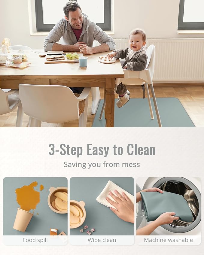 Blissful Diary Baby Splat Mat for Under High Chair, 50.4 x 50.4 Inch Wipeable Splash Mat, Waterproof and Washable, Anti-Slip Floor Protector, Silver Mist