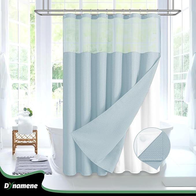 Dynamene Fabric Shower Curtain with Snap in Liner, Fog Blue Waffle Hotel Shower Curtains for Bathroom, Washable Waterproof Cloth Shower Curtain Liner Set with Hook, Mesh Top Window, 72x72, Fog Blue