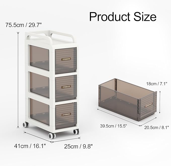 Bathroom Storage with Drawers, 9.8" Wide Wide Slim Storage Cabinet with Wheels for Small Spaces, Narraw Cart for Kitchen Office Bedroom Dinning Room Under Desk, 29.7" Tall