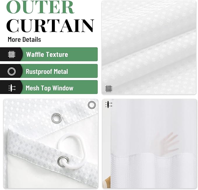 Dynamene Extra Long Shower Curtain, 84 Inch Long Waffle Fabric Shower Curtain for Bathroom, Tall Waterproof Cloth Shower Curtain Liner Set with Hook, Snap in Liner, Mesh Top Window, White, 72x84