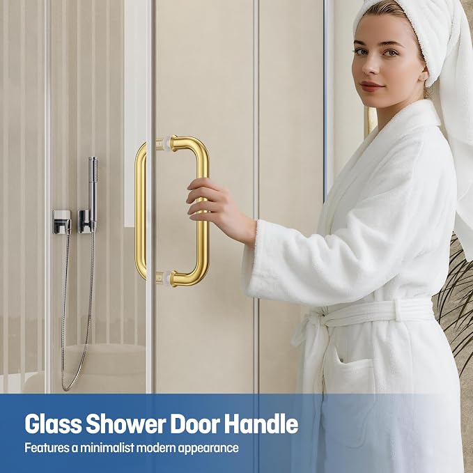 Ranbo Polished Gold 8" （CTC） Tubular Back-to-Back Shower Door Handle，Heavy-Duty 1.0mm Thick 304 Stainless Steel, for 1/4"- 1/2" Thick Glass and 1-3/8" - 2-1/6" Thick Wooden or Metal Doors