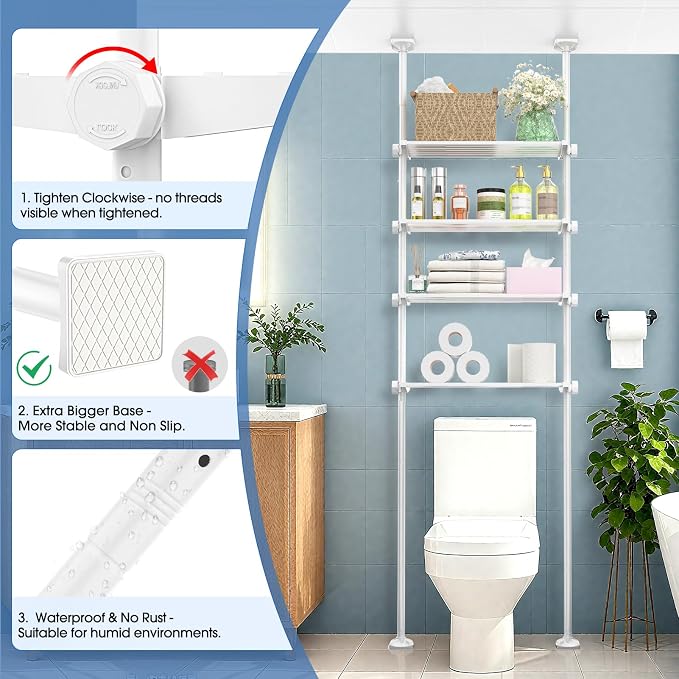 SUNALLY Over The Toilet Storage Shelf, 4-Tier Adjustable Over Toilet Bathroom Organizer,Tension-Mounted Bathroom Storage Rack for Ceilings, No Drill Space-Saving Shelving for Small Rooms,White