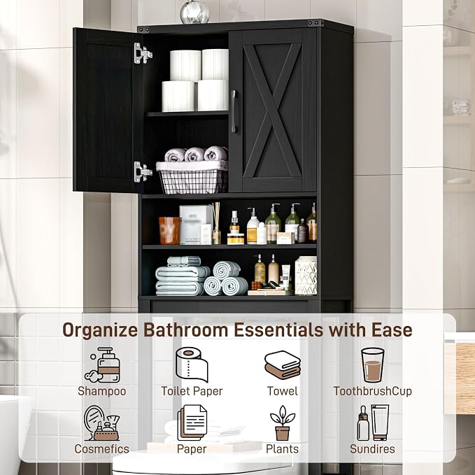 Vabches Over The Toilet Storage Cabinet, Bathroom Organizer with 2 Barn Doors, Farmhouse Space-Saving Toilet Rack with Adjustable Shelf,for Bathroom, Toilet, Laundry Room,Black