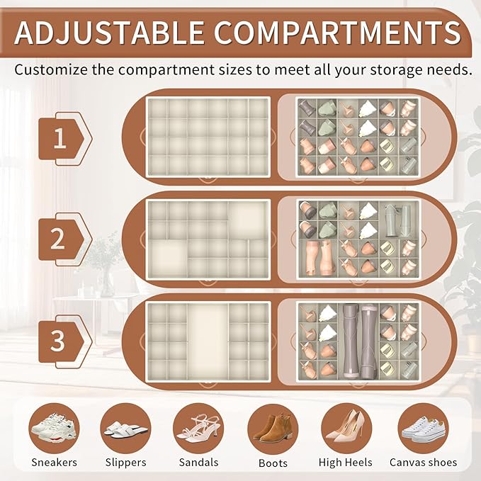Shoe Organizer for Closet, 2 Pack Shoe Storage Organizer with Wheels and Adjustable Dividers, Stackable Shoe Storage Box with Clear Cover, Foldable Closet Shoe Organizer Fits up to 24-48 Pairs, Beige