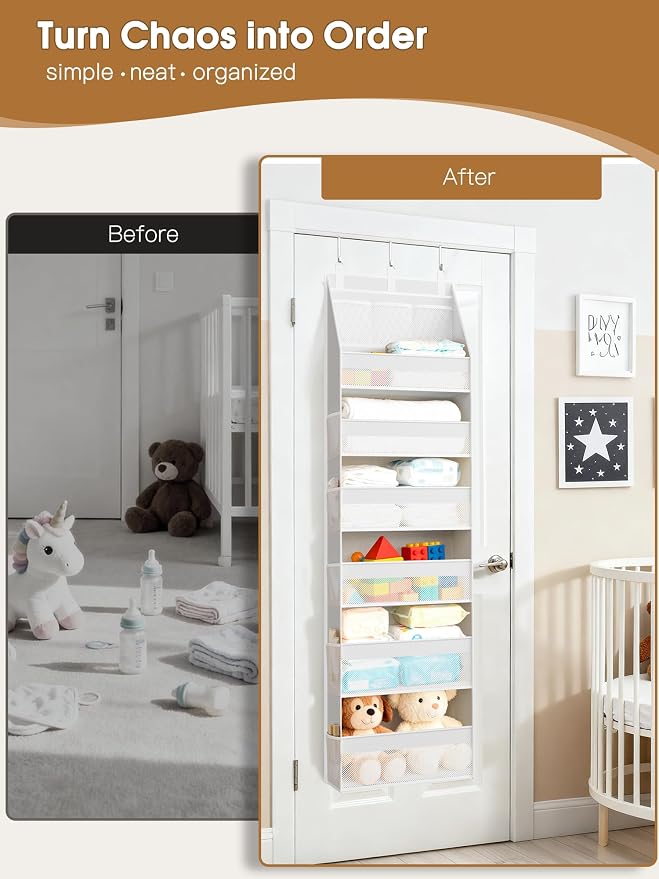 Criusia Over the Door Organizer, Heavy-Duty 6-Shelf Hanging Storage with 13 Mesh Pockets, 55lbs Capacity Behind the Door Storage for Nursery, Bathroom, Bedroom, and Dorm, White
