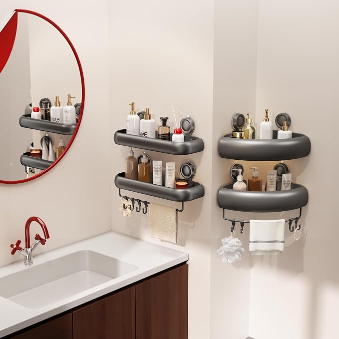 CICUFY Shower Caddy Suction Cup, 2 Pack No Drilling Corner Shower Shelves, Rust Proof Bathroom Storage Organizer, Shower Corner Caddy with Removable Hooks and Towel Bar, Square, Grey