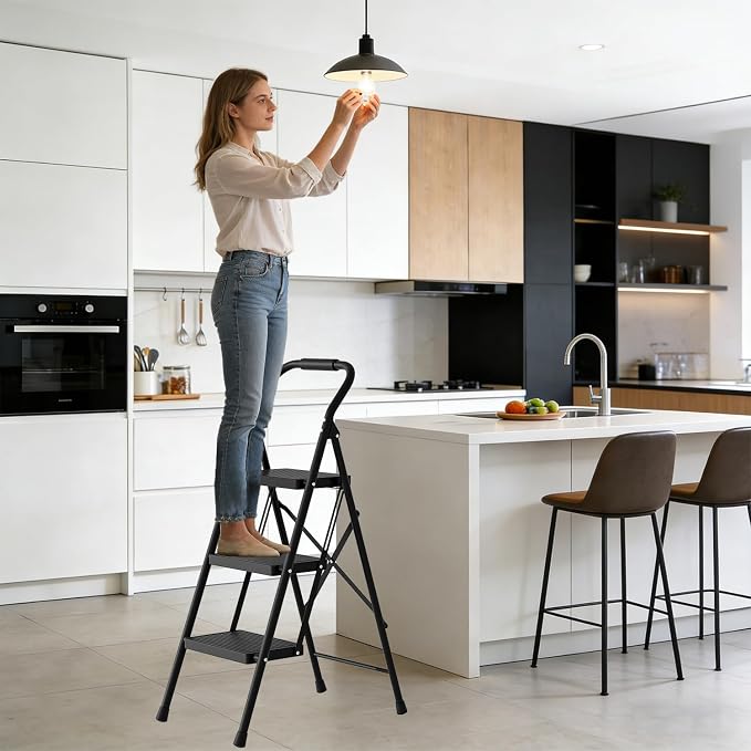 Step Stool for Adults,3 Step Ladder Folding 330lbs Anti Slip Step Stool,Foldable Ergonomic 3 Step Stool with Wide Pedal for Home, Kitchen, Office (Black)