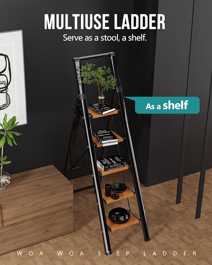 WOA WOA 5 Step Ladder, Ladders for Home, Anti-Slip Pedals, Aluminum Step Stool Foldable, Lightweight to Move, Ease of Storage, Reach 10ft for Closet Kitchen Library, Hold 300lbs - Black&Wood Grain