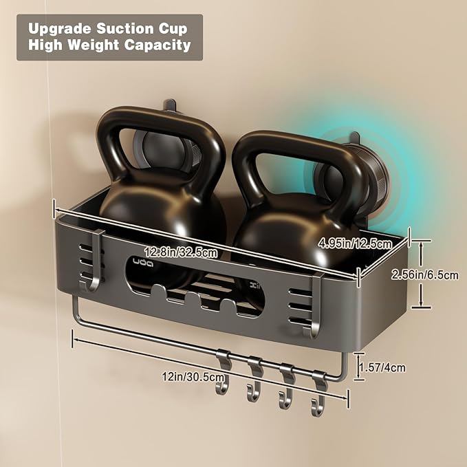 Voldra Shower Caddy Suction Cup, Shower Shelves for Inside Shower No Drilling, Aluminum Suction Showers Organizer for Wall with Towel Bar & Hooks Removable Bathroom Storage Rack(2 Pack-Gray)