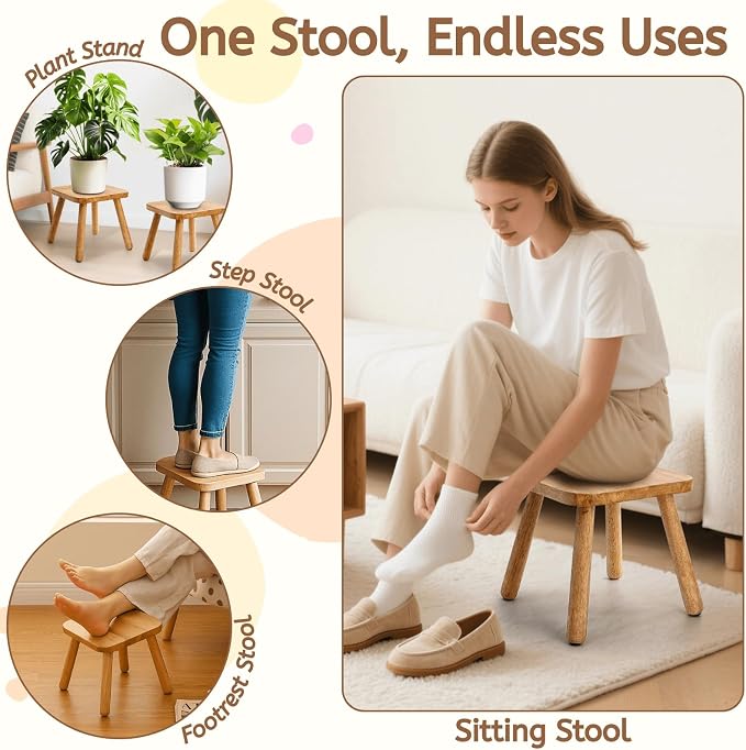 Youeon 12 Inch Square Solid Wooden Step Stool, Non-Slip One Step Stool for Adults, Holds up to 300 Lbs, Portable & Sturdy, Footstool for Bedroom, Bathroom, Kitchen, Easy to Assemble