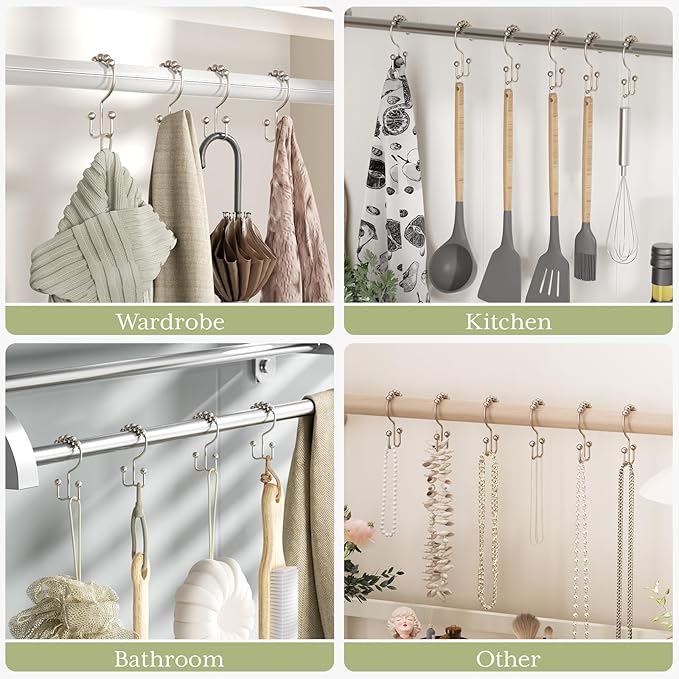Amazer Shower Curtain Hooks Rings, Stainless Steel Shower Curtain Rings, 12Pcs Double Glide Shower Hooks for Bathroom Shower Curtain Rods Dual Rust-Resistant Shower Rings, Matte Nickel