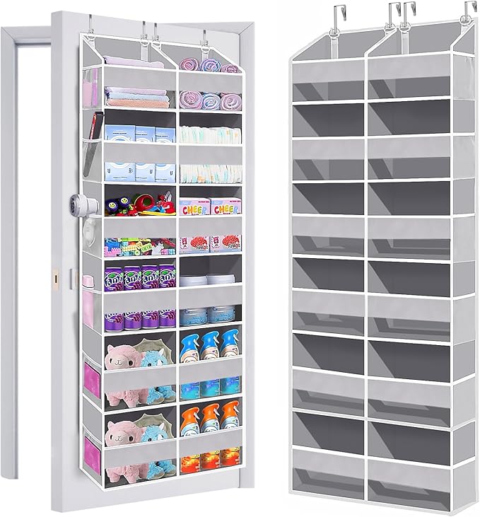 UVIAHOMI Heavy Duty Over The Door Organizer 6 Tiers, Extra Large Behind Door Storage of 12 Front & 12 Mesh Pockets, 80lb Weight Capacity, Hanging Doors Storage for Closet Bedroom Nursery, Light Gray