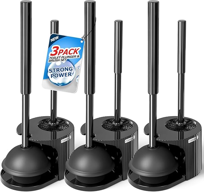 FORASTO 3Pack 2 in 1 Toilet Brush and Plunger Set, Extended Handle Plunger,Toilet Bowl Brush Plunger Set,Bathroom Cleaning Tools,Toilet Brush Plunger Combo,Cleaning Supplies，Black