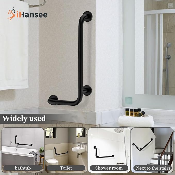 L-Shaped Angled Grab Bar 12x24 Inch Matte Black Anti-slip Knurled Shower Handles Wall Mount, 1.25" Diameter Shower Bars for Seniors Injured Balance Support, Handicap Grab Bars for Bathtubs and Showers