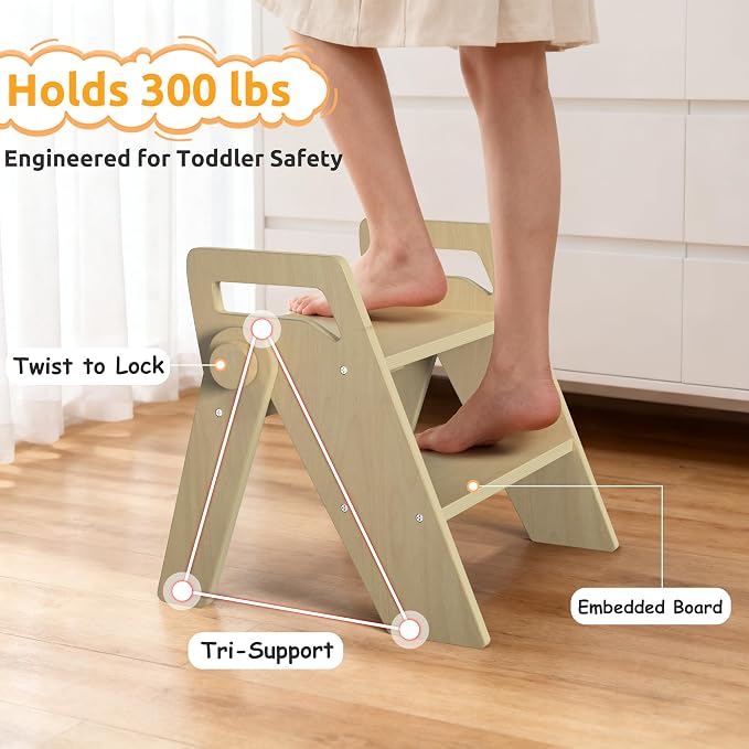 Wooden 2 Step Stool for Toddler Kids Bathroom Foldable 2-Step for Toilet Potty Training, Child Stepping Stool for Kitchen Nursery Bedroom