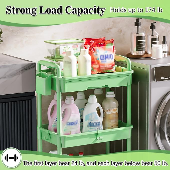 SUNALLY 3-Tier Rolling Cart with Drawer & Lockable Wheels, Bathroom Storage Organizer Multifunctional Rolling Storage Cart for Bathroom, Kitchen, Office, Craft, Makeup, Baby Essentials, Green