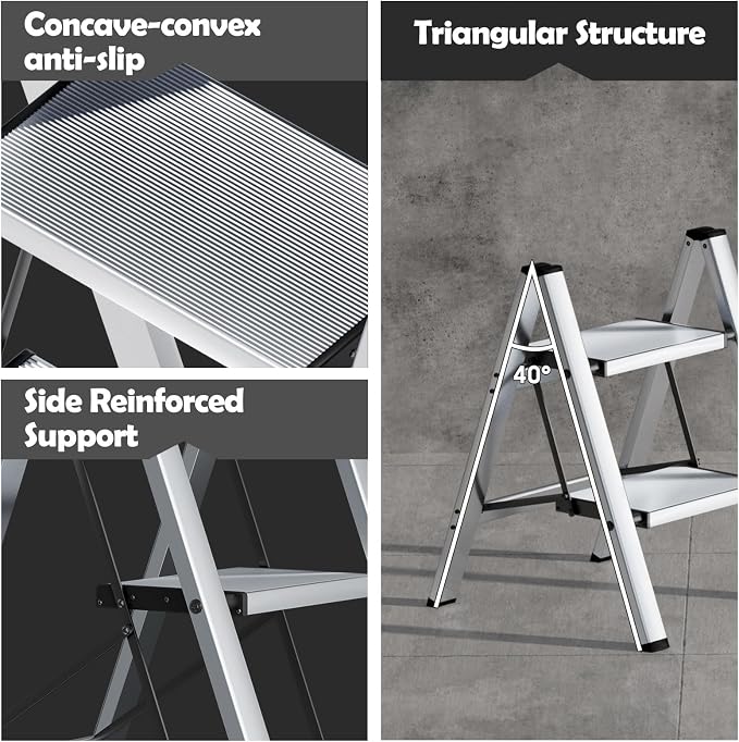Taranta 2 Step Ladder,Aluminum Lightweight Folding 2 Step Stool with Anti-Slip Wide Pedal,330lbs Capacity Step Ladder for Household,Kitchen,Office - Silver