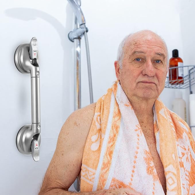 Heavy Duty Suction Shower Grab Bar - Toilet Bathroom Bathtub Safety - Shower Handles, Suction Cup Power Up to 250 LB, Perfect for Elderly Seniors(17 Inch, Gray Silver), Gray Silver