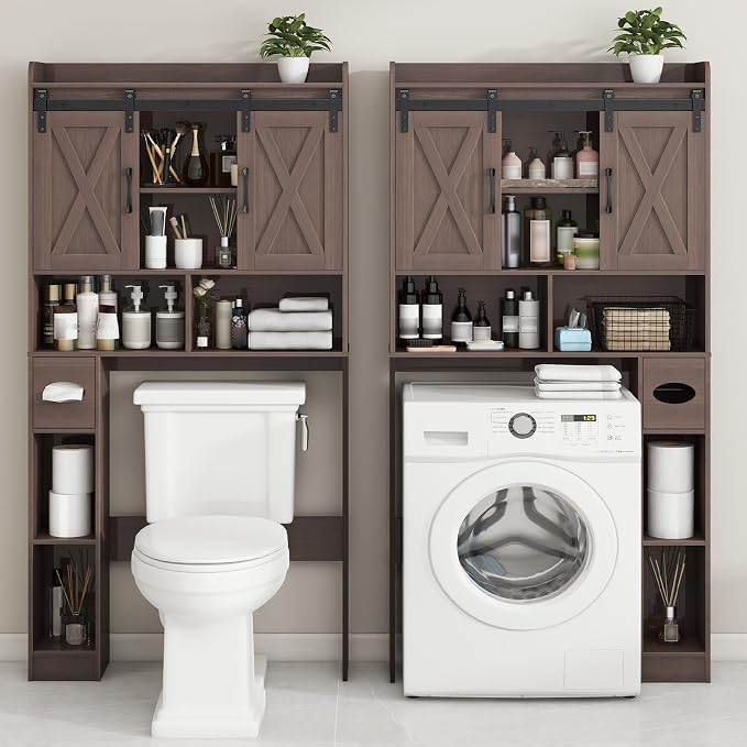 Vabches Over The Toilet Storage Cabinet, Farmhouse Storage Cabinet Over Toilet with Sliding Doors & Toilet Paper Holder Stand，Home Space-Saving Toilet Rack, for Bathroom, Laundry and Restroom