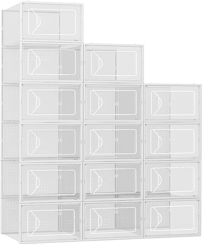 Foluck Shoe Storage Box, 15 Pack Clear Plastic Stackable Organizer for Closet, Interlocking Design Shoes Container Bins for Sneakers, Foldable Shoe Rack with Lids, White