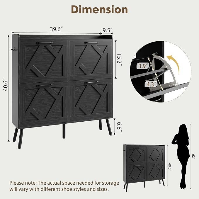 Nicetree Shoe Cabinet with 4 Flip Drawers, Hidden Shoe Rack Cabinet with Metal Legs, Farmhouse Narrow Shoe Storage Cabinet for Entryway, Foyer, Hallway, Black