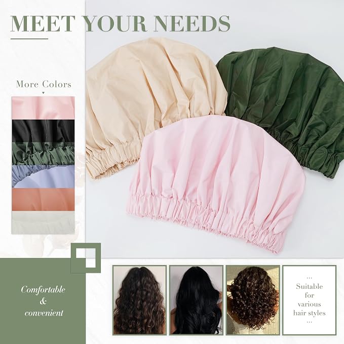Reusable Shower Cap for Women, Large Waterproof Shower Bonnet with Elastic Band, Washable Bath Hair Cap for Long, Curly Hair, Braids, Daily Shower, Home Spa, Travel(Brown)