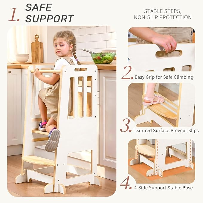 WINGYZ Toddler Tower - Anti-Tip Natural Wood Learning Stool Helper for Kids 18M-6Y, 150lb Capacity Kitchen Stool with 3-Height Adjustable Platform and Sliding Door Access, 20lb Portable Design, White